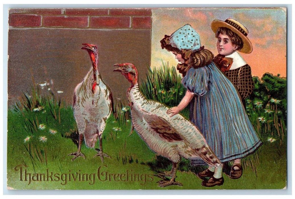 1908 Thanksgiving Greetings Children Turkeys Embossed Glenrock PA Postcard