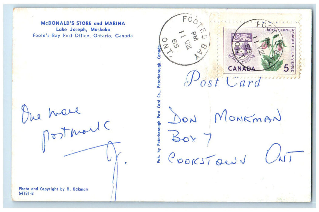 1965 McDonald's Store and Marina Foote's Bay Post Office Canada Postcard