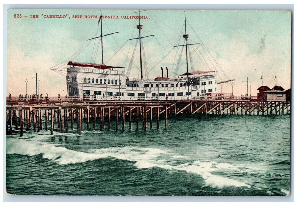 c1910 Cabrillo Ship Hotel Exterior Bridge Pier Dock Venice California Postcarcd