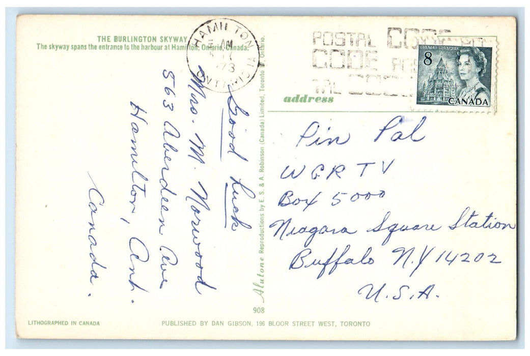 1973 The Burlington Skyway Entrance to Harbour Hamilton Ontario Canada Postcard