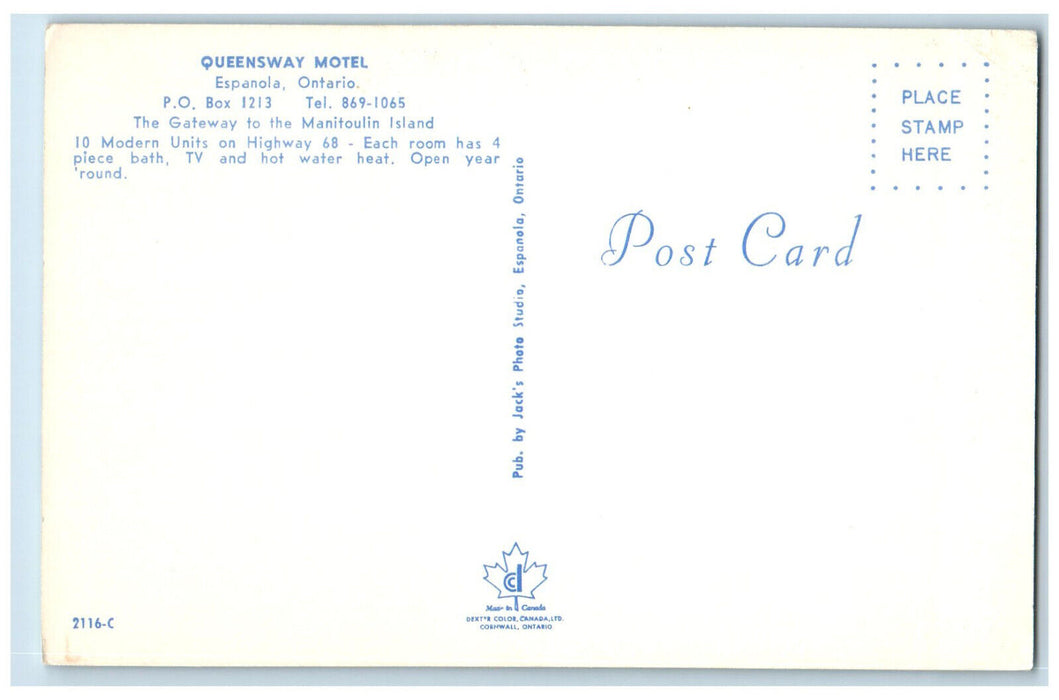 c1960's Gateway to Manitoulin Island Queensway Motel Espanola Canada Postcard