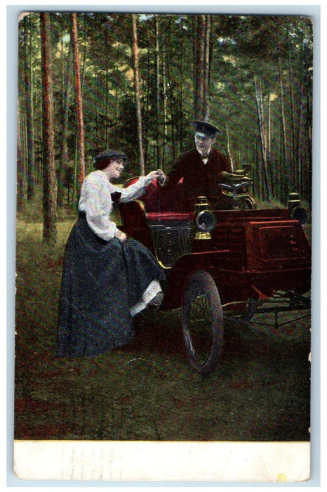 1909 Sweet Couple Romance Car Forest Albion New York NY Posted Antique Postcard