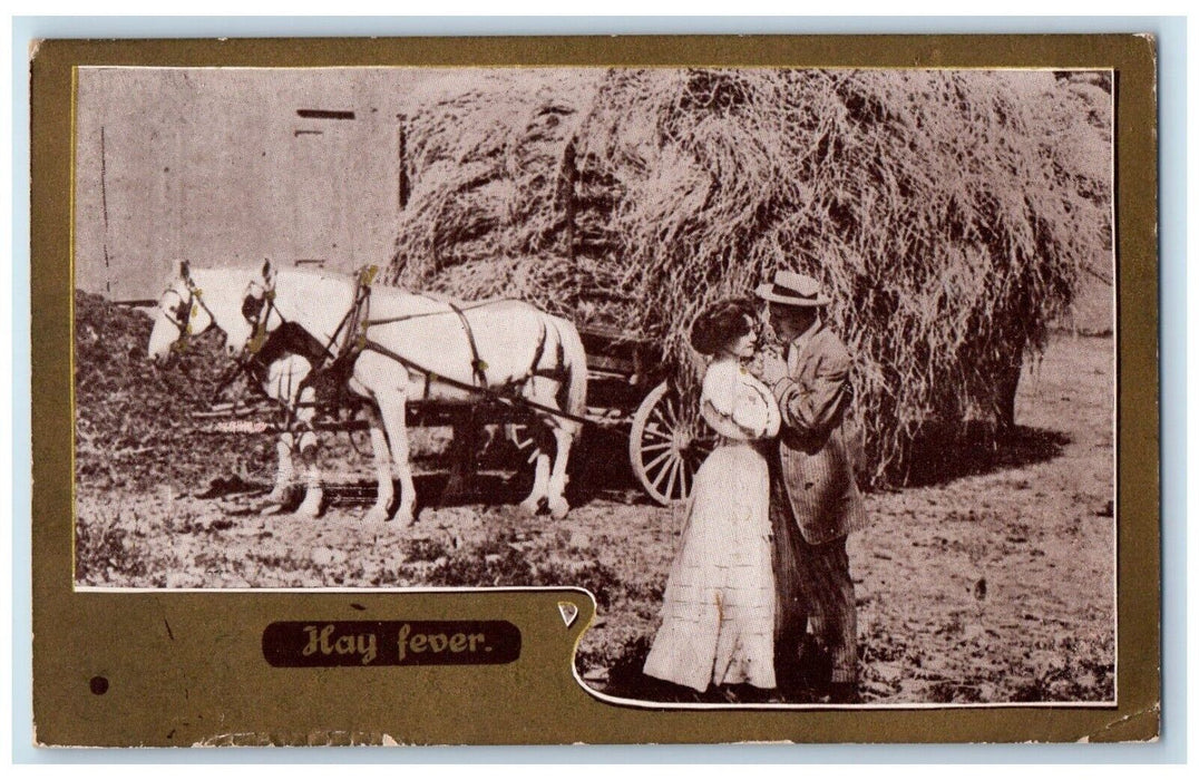 c1910's Sweet Couple Romance Horses Hay Fever West Haven CT Antique Postcard