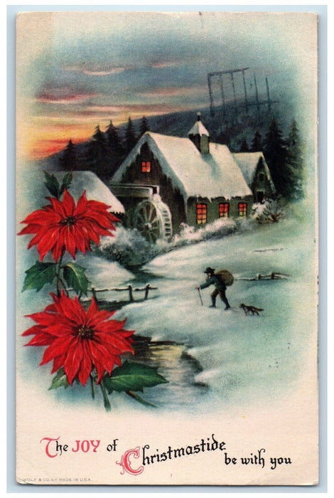 1920 Christmas Poinsettia Flowers Mill Winter Dog London Ontario Wolf Postcard