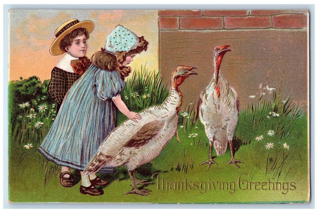 1908 Thanksgiving Greetings Children Turkeys Embossed Flowers Antique Postcard