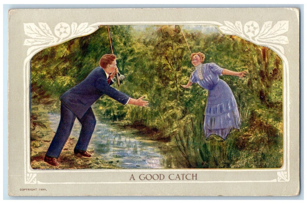 c1910's Sweet Couple Romance Woman Trapped Fishing Rod Posted Antique Postcard