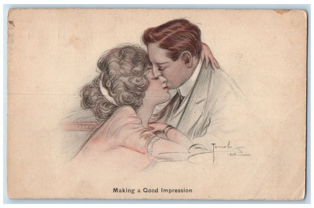 c1910's Sweet Couple Kissing Making A Good Impression Howell MI Antique Postcard