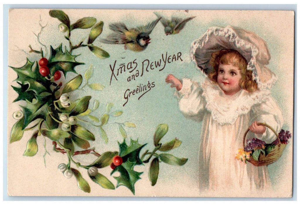 New Year Greetings Girl Flowers Basket Song Bird Mistletoe Berries Nash Postcard