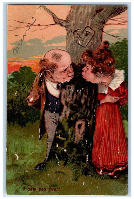 c1910's Sweet Couple Kissing Tree I Saw You Firts Embossed Antique Postcard