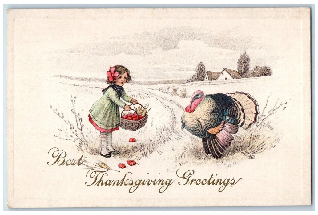 c1910's Thanksgiving Greetings Girl Feeding Turkey Embossed Antique Postcard