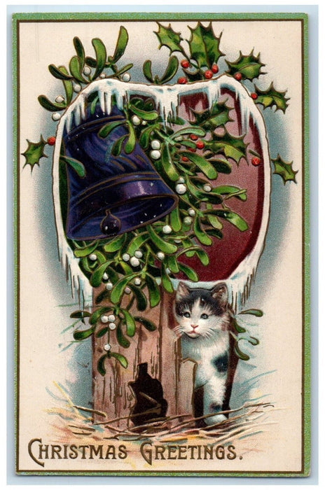 1908 Christmas Greetings Cat Ringing Bell Mistletoe Berries Embossed Postcard