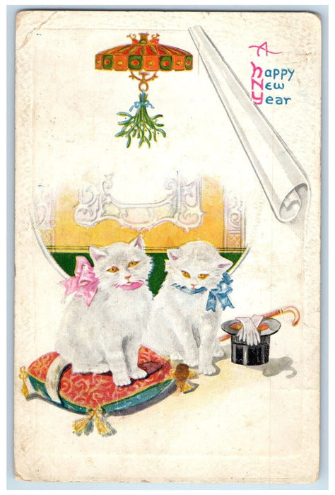 1921 Happy New Year Cute Cats Under Mistletoe Embossed Chicago IL Postcard