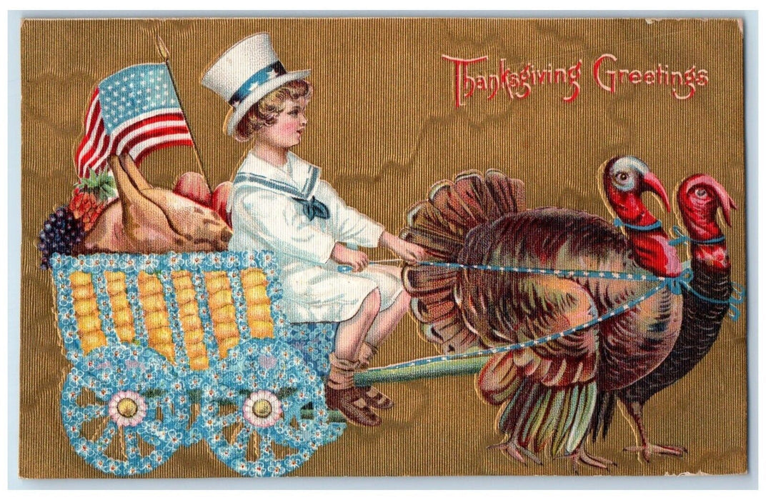 1909 Thanksgiving Greetings Turkey Pulling Wagon Flowers Fruits Antique Postcard