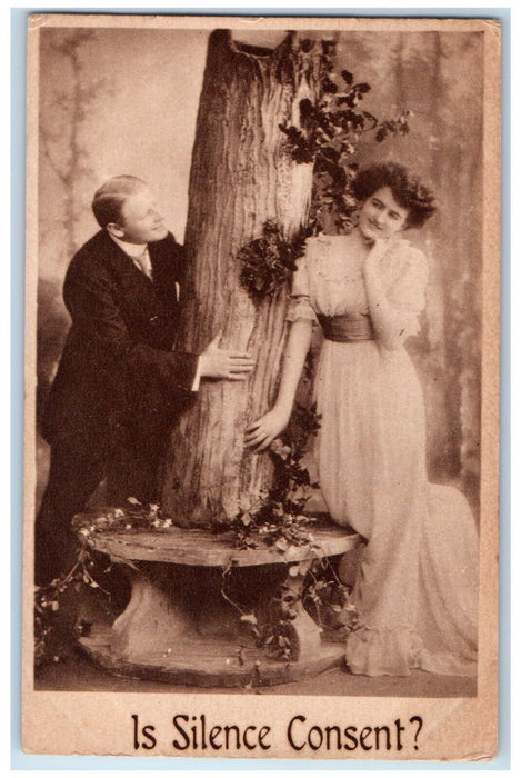 c1910's Sweet Couple Romance Is Silence Consent Unposted Antique Postcard