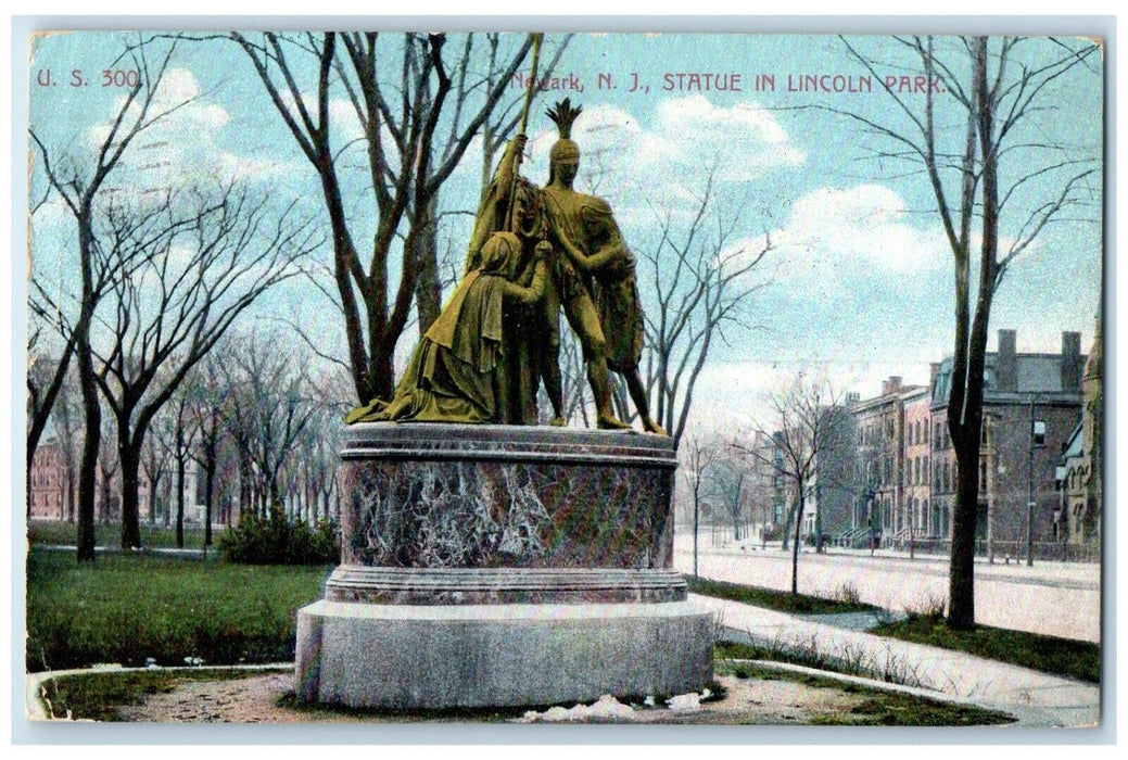 c1910 Statue Lincoln Park Buildings Street Newark New Jersey NJ Posted Postcard