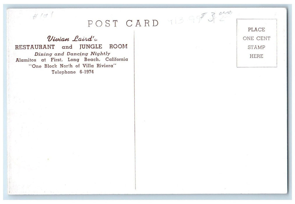 Vivian Laird's Restaurant And Jungle Room Long Beach California CA Postcard
