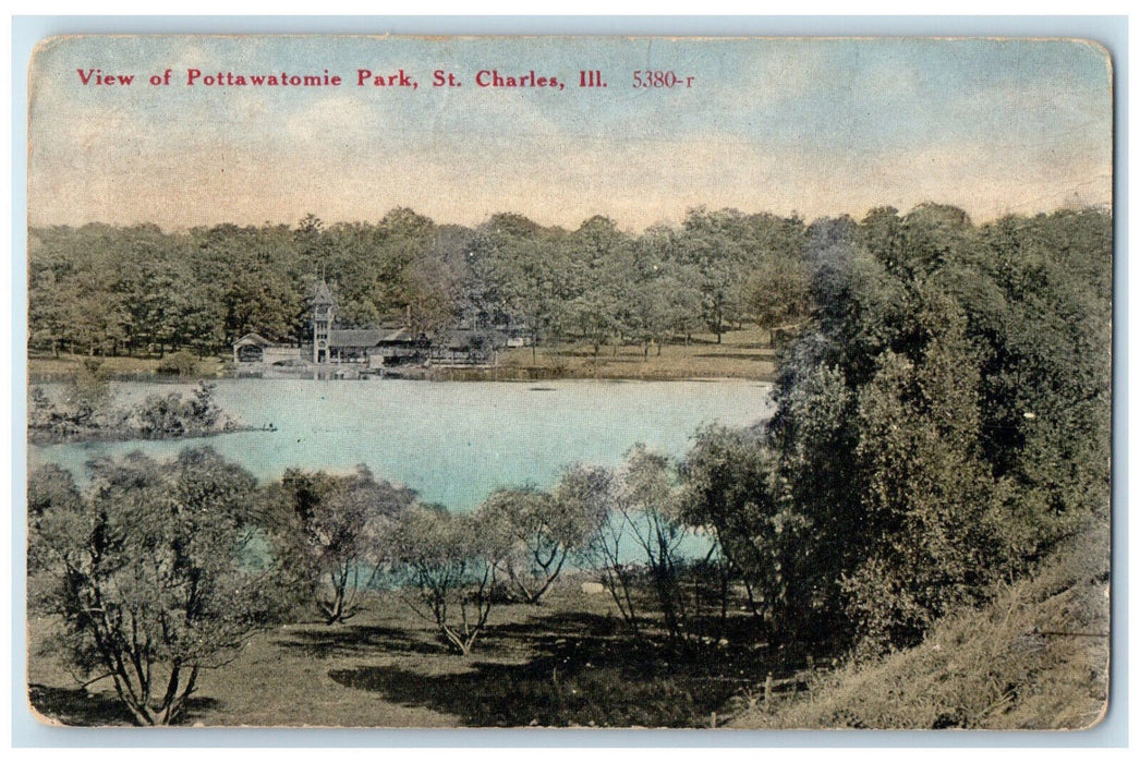 1918 View of Pottawatomie Park St. Charles Illinois IL Antique Postcard