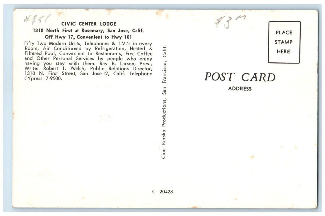 c1950's Civic Center Lodge Motel Bedroom View San Jose California CA Postcard
