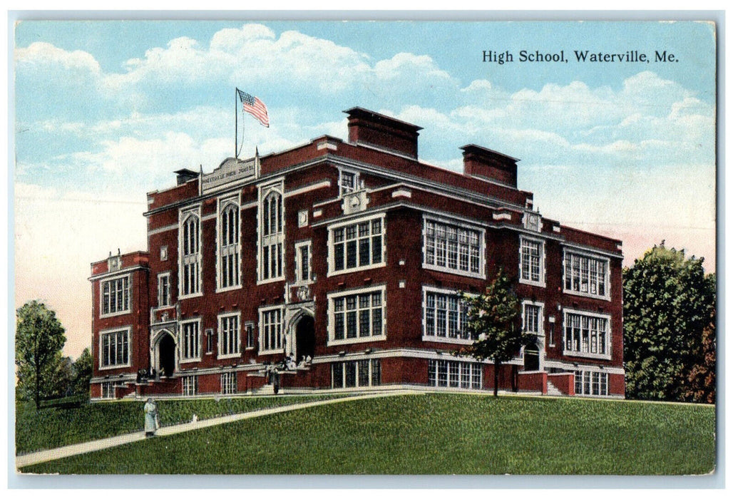 c1910 High School Building Entrance Waterville ME Whitefield ME Postcard