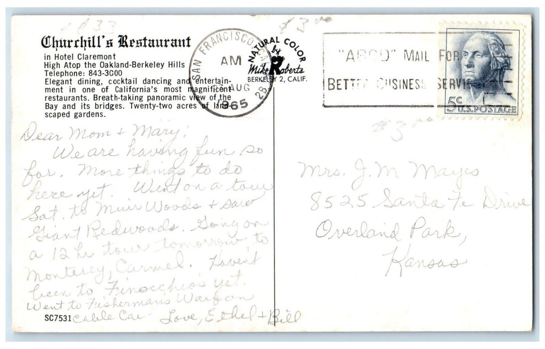 1965 Hotel Claremont Churchill's Restaurant San Francisco California CA Postcard