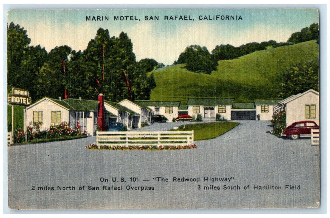 1954 Marin Motel Redwood Highway San Rafael Hamilton California CA Postcard