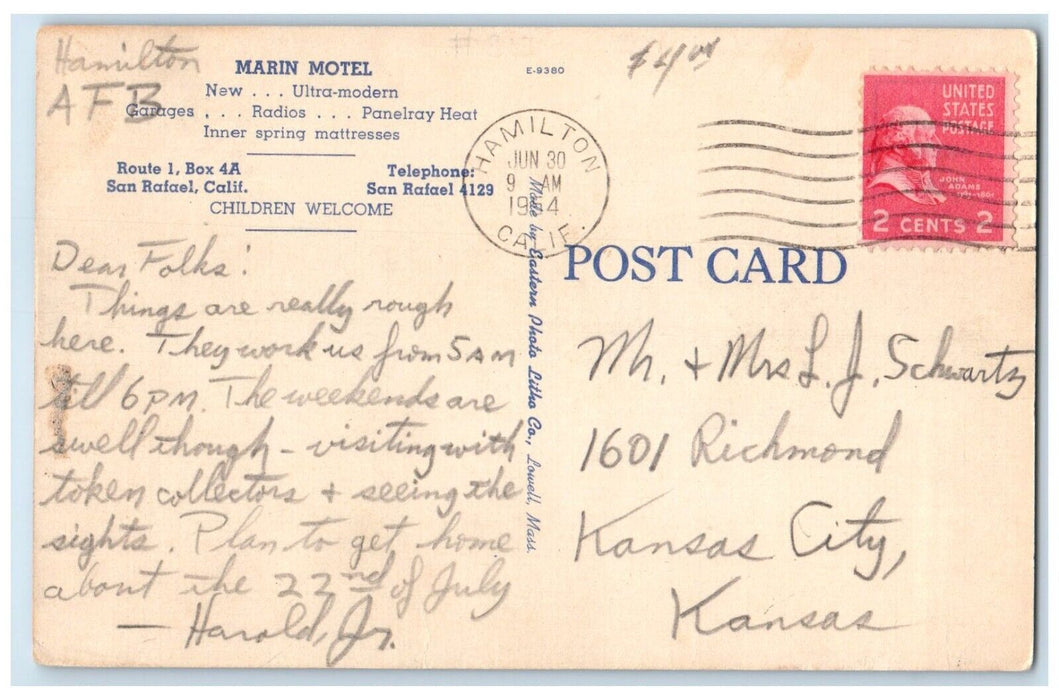 1954 Marin Motel Redwood Highway San Rafael Hamilton California CA Postcard