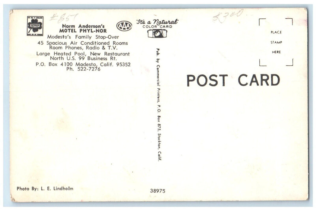Norm Anderson's Motel Phyl Nor Roadside Cars Modesto California CA Postcard