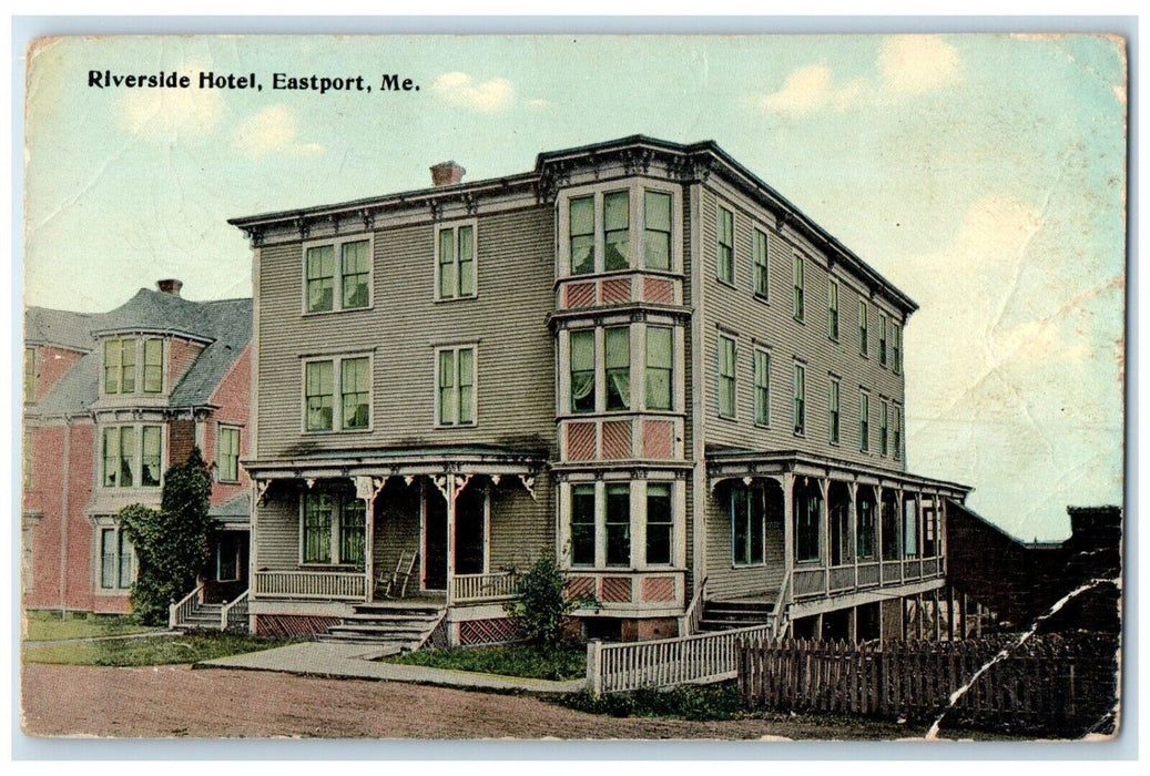 1916 Riverside Hotel Building Scene Street Eastport Maine ME Antique Postcard