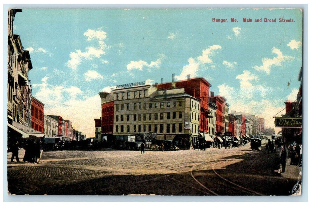 c1910's Main And Broad Streets Telos Cars Bangor Maine ME Antique Postcard