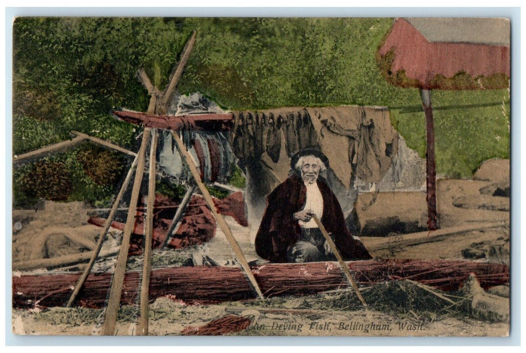 1908 Indian Drying Fish Native American Bellingham Washington Vintage Postcard
