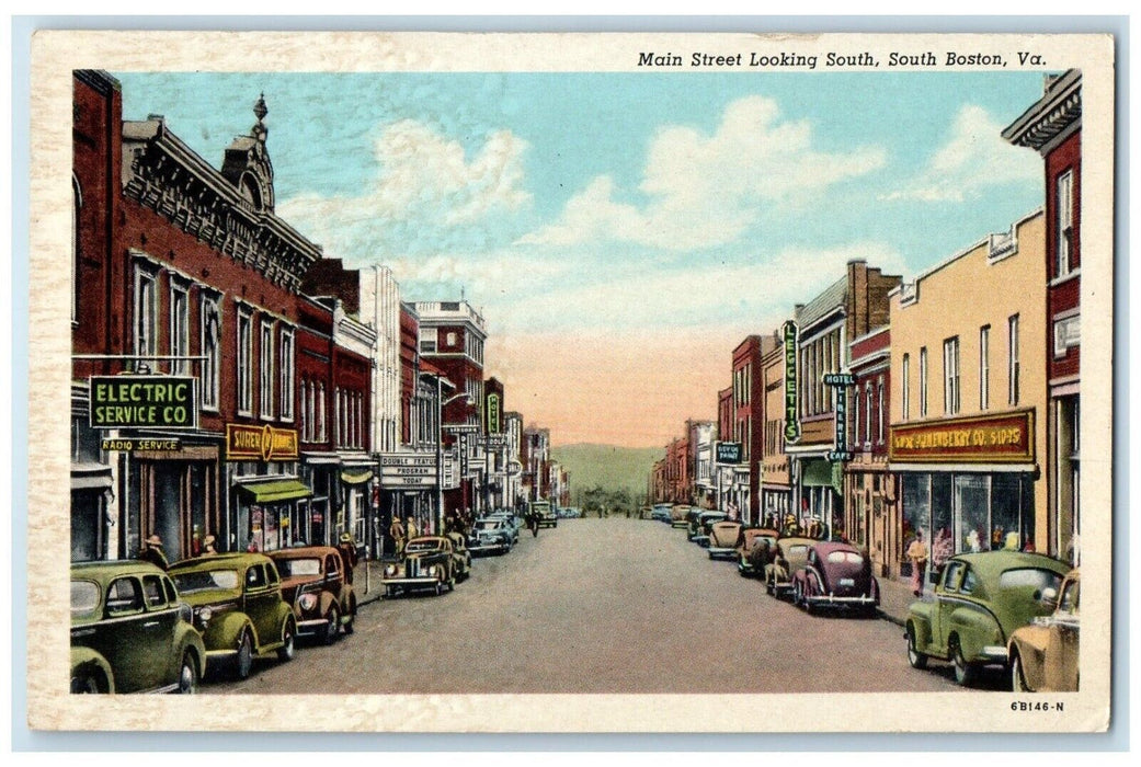 1932 Main Street Looking Exterior Classic Cars South Boston Virginia VA Postcard