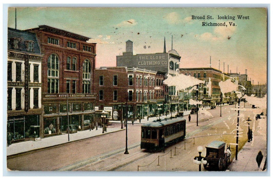 1915 Broad St. Looking Streetcar West Richmond Virginia Vintage Antique Postcard