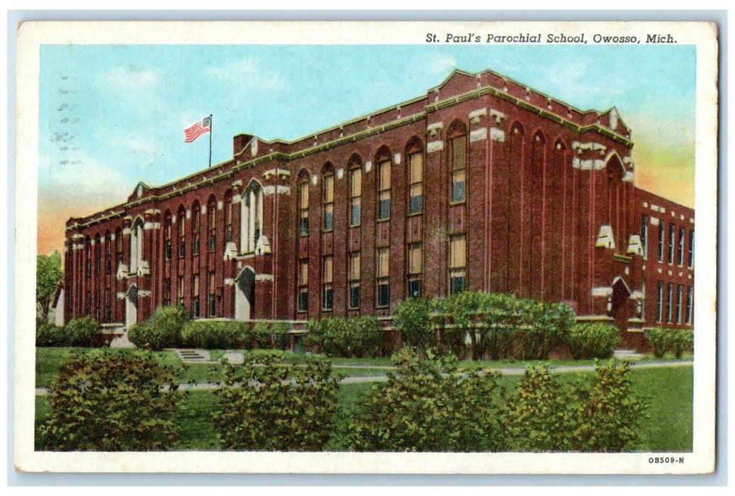 1945 Exterior View St Paul Parochial School Building Owosso Michigan MI Postcard