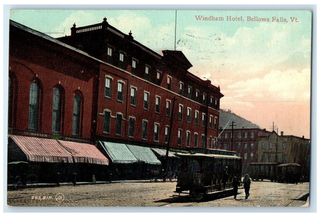 1910 Windham Hotel Building Stores Trolley Bellows Falls Vermont VT Postcard