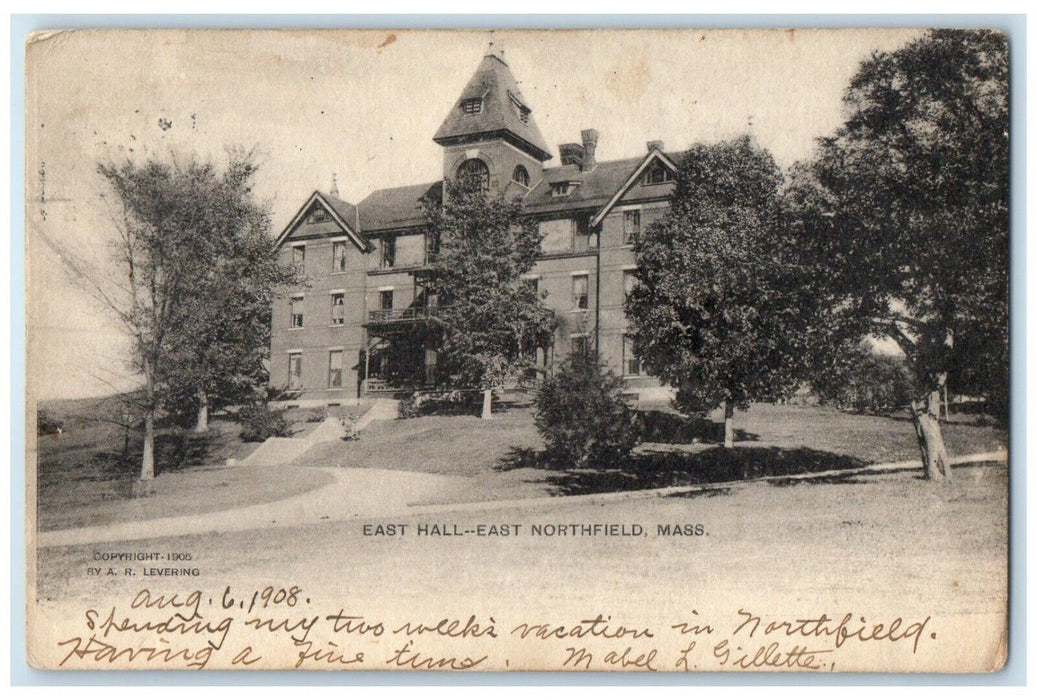 1908 East Hall Building East Northfield Massachusetts MA Posted Antique Postcard