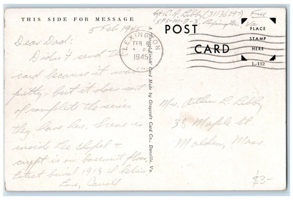 1945 Tomb Of Robert E. Lee Lexington Virginia VA Posted Vintage Postcard