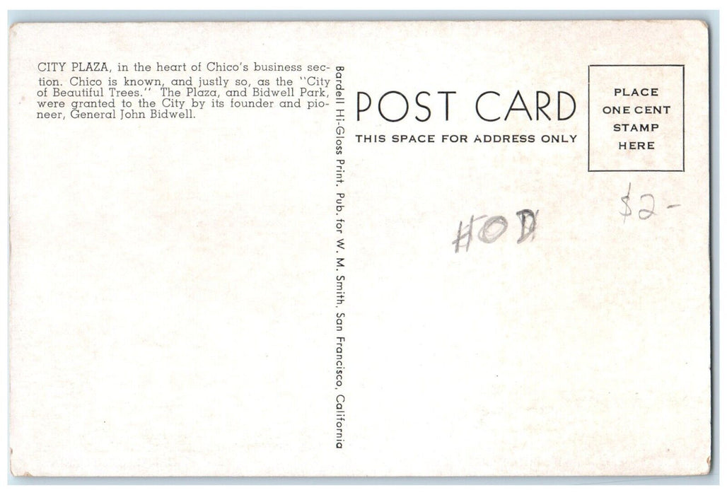 c1930's City Plaza In Heart Of Business Section Chico California CA Postcard