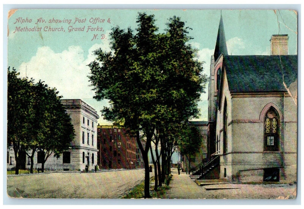 1911 Alpha Avenue Showing Post Office & Methodist Church Grand Forks ND Postcard