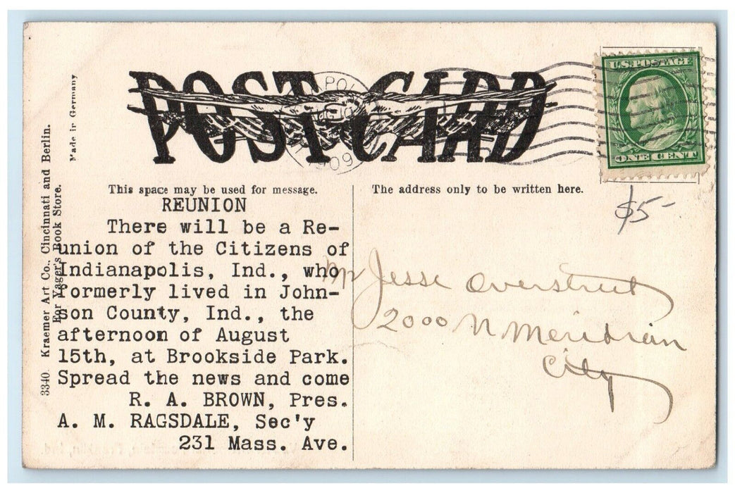 1909 Vawter Memorial Fountain Exterior Cannon Monument Franklin Indiana Postcard