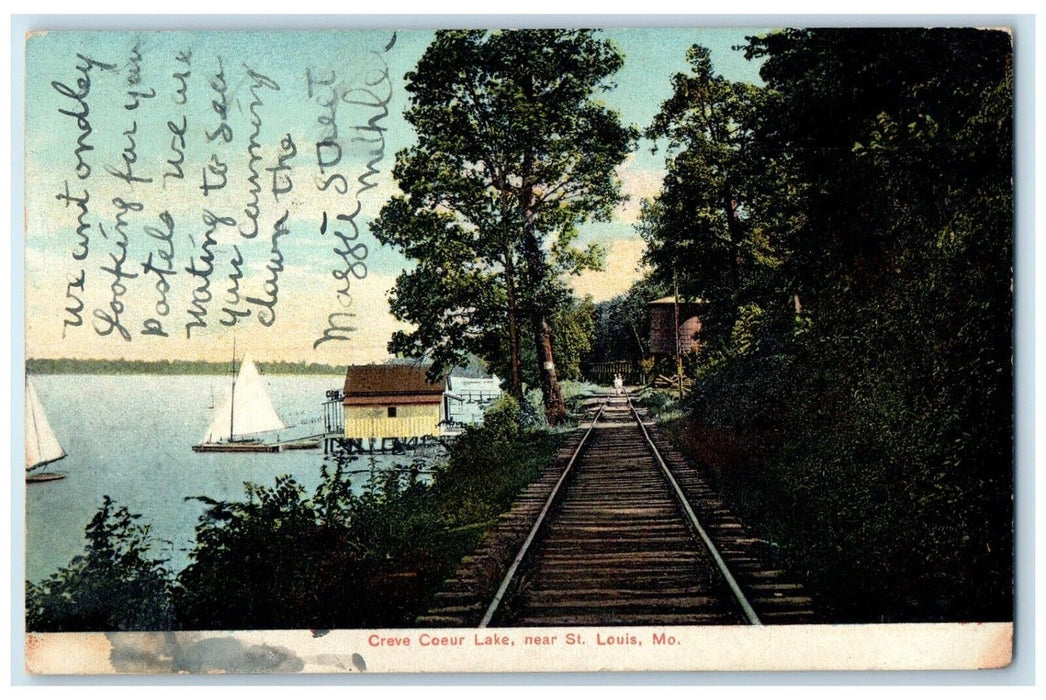 1908 Creve Coeur Lake Railroad Sailboat Exterior St. Louis Missouri MO Postcard