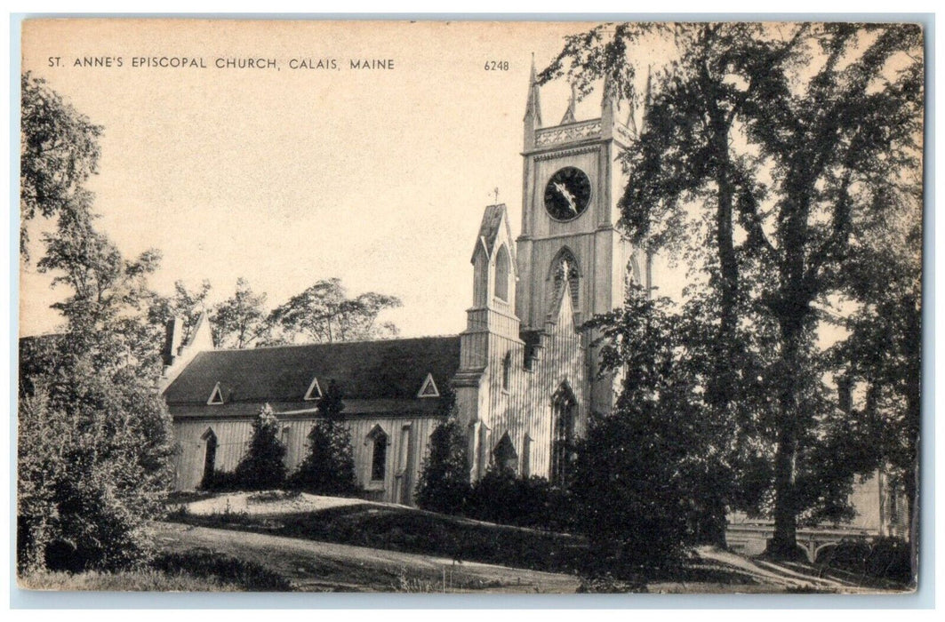 c1930's St. Anne's Episcopal Church Tower Clock Calais Maine ME Vintage Postcard