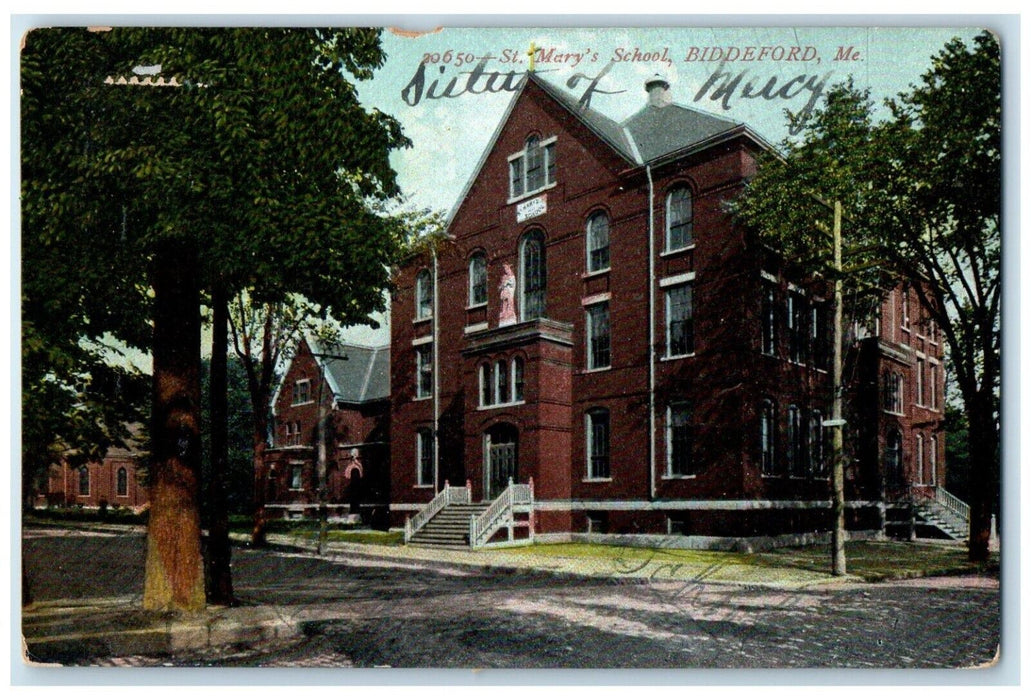 1908 St. Mary's School Building Scene Street Biddeford Maine ME Antique Postcard