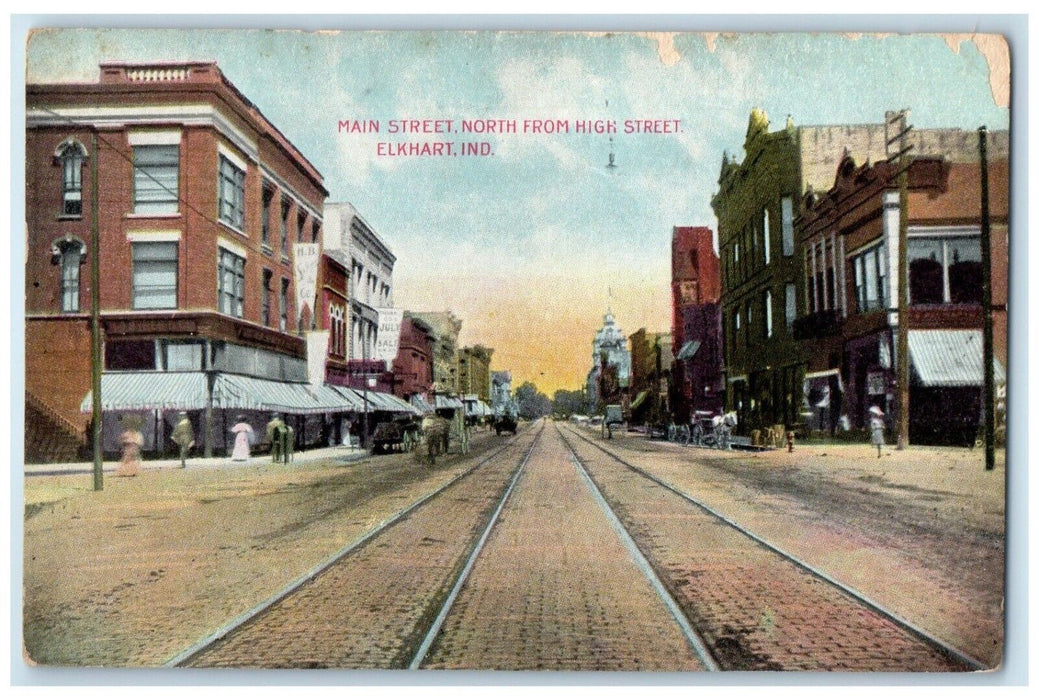 c1910 Main Street North From Hugh Street Exterior Road Elkhart Indiana Postcard