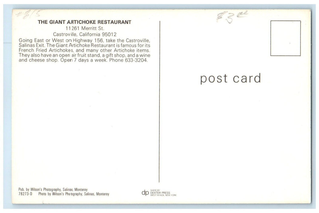 c1960's The Giant Artichoke Restaurant Cars Castroville California CA Postcard