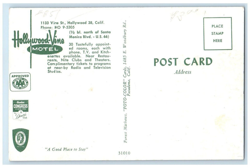 c1960's Hollywood Vine Motel Cars Roadside Hollywood California CA Postcard