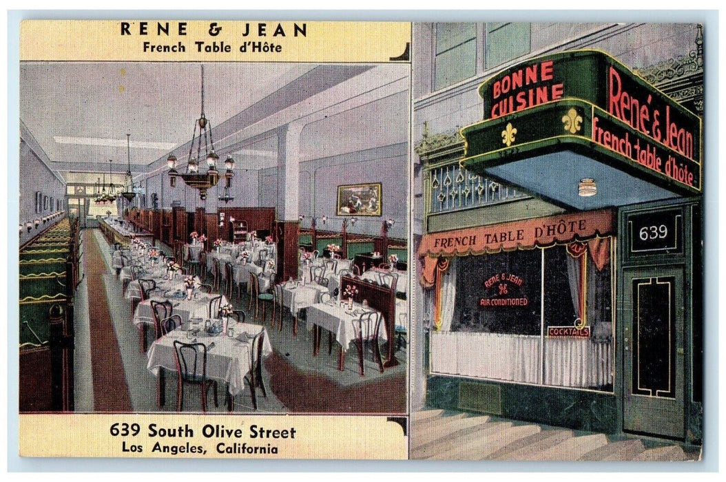 c1930's Rene & Jean French Table D'Hote Restaurant Los Angeles CA Postcard
