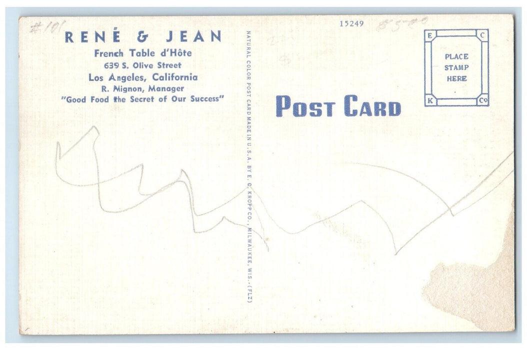 c1930's Rene & Jean French Table D'Hote Restaurant Los Angeles CA Postcard