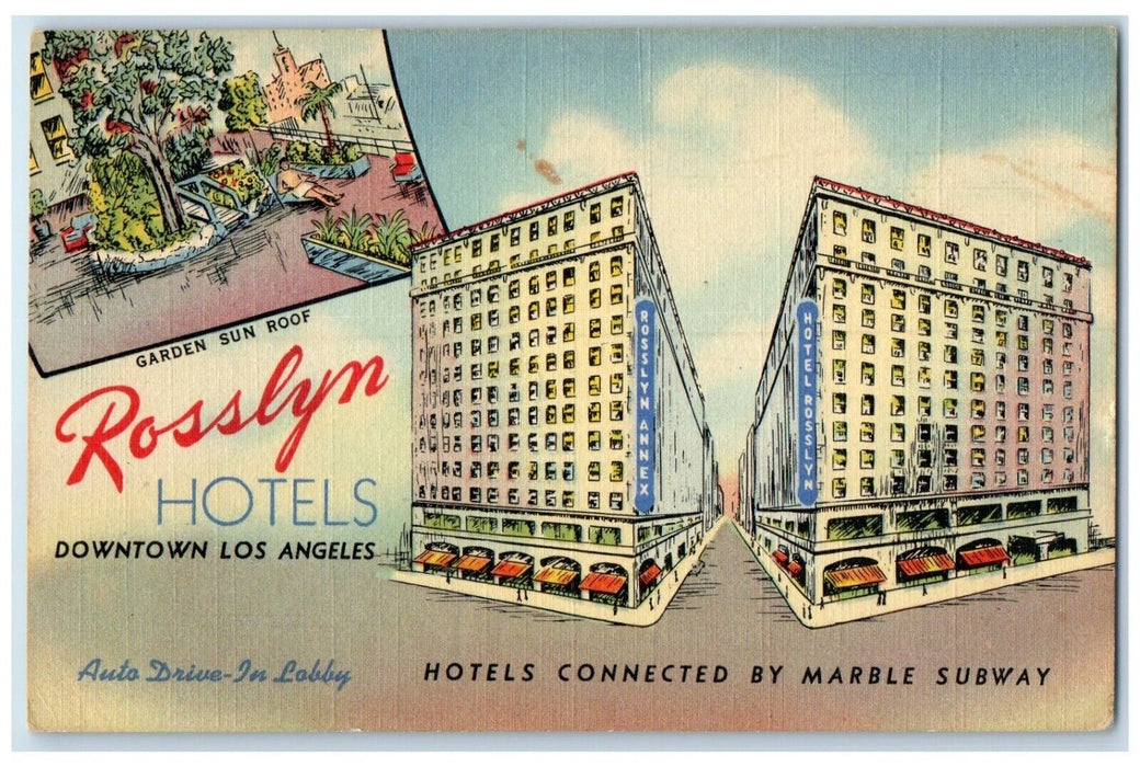 1954 Rosslyn Hotels Buildings Downtown Los Angeles California CA Posted Postcard