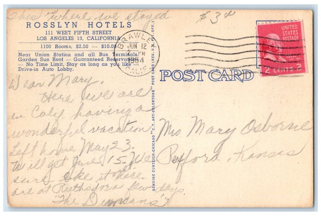1954 Rosslyn Hotels Buildings Downtown Los Angeles California CA Posted Postcard