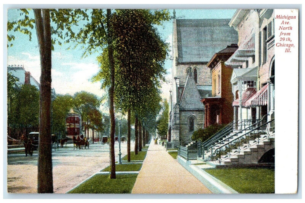 c1910's Michigan Avenue North From 29th Chicago IL, Horse Carriage Postcard